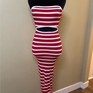 Windsor Red and White Strapless midi Cutout bodycon Dress